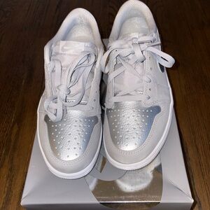 Men Air Jordan 1 Retro Low OG Nike Metallic Silver and White Shoes